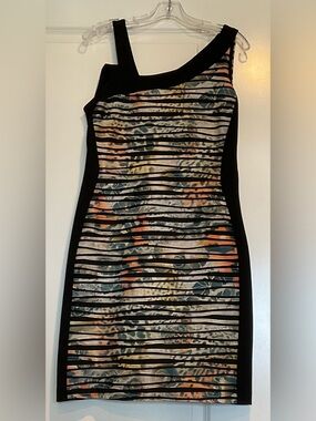 Bali One-Shoulder or Two-Should Black-Trim Multicolor Striped Animal Print Dress